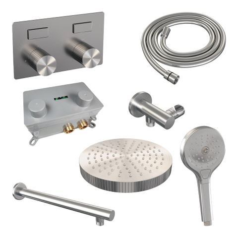 BRAUER Stripe Douche de pluie thermostatique encastrée - boutons-poussoirs - pomme de douche 25cm - bras mural droit - douchette 3 positions - flexible de douche - coude mural - couleur inox brossé PVD SW1435238