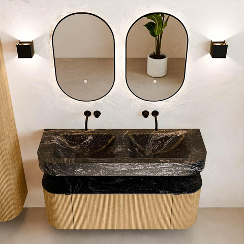 MONDIAZ THOR-DLUX 130cm badmeubel ronding links + rechts kleur Oak met 1 lade en 2 deuren. Vrijhangende wastafel CLOUD Dubbel zonder kraangat kleur Lava. SW1463544