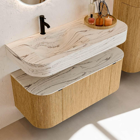 MONDIAZ THOR-DLUX 110cm badmeubel ronding links + rechts kleur Oak met 1 lade en 2 deuren. Vrijhangende wastafel CLOUD Links 1 kraangat kleur Nata. SW1462934