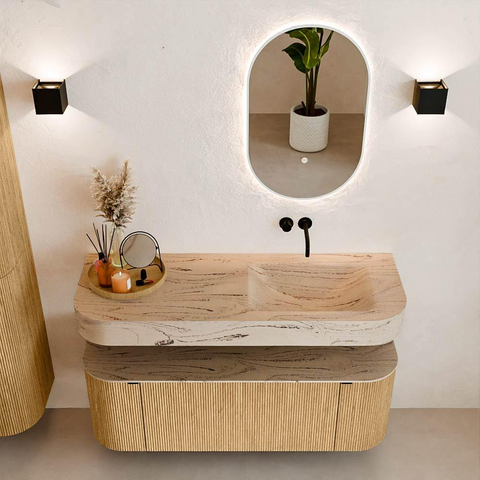 MONDIAZ THOR-DLUX 130cm meuble de salle de bains arrondi gauche + droite couleur Oak avec 1 tiroir et 2 portes. Vasque suspendue CLOUD droite sans trou de robinet couleur Arena. SW1463775