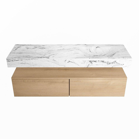 Mondiaz ALAN-DLUX Ensemble de meuble - 150cm - meuble Washed Oak mat - 2 tiroirs - Lavabo Cloud Glace suspendu - vasque Droite - 0 trous de robinet SW808690