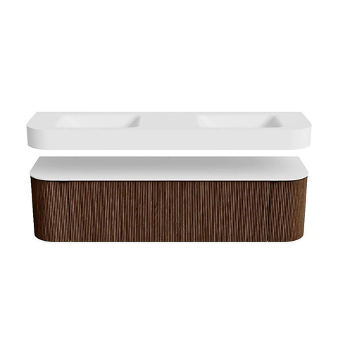 MONDIAZ THOR Meuble de salle de bains 170cm arrondi gauche + droite couleur Walnut avec 1 tiroir et 2 portes. Vasque suspendue CLOUD Double 2 trous de robinet couleur Talc. SW1465553
