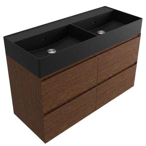 Saniclass Holz Pure Badkamermeubelset - 120x45x72cm - Legend keramische wastafel mat zwart - 2 wasbakken - zonder kraangaten - 4 lades - mat walnut pure (hout) SW1580181