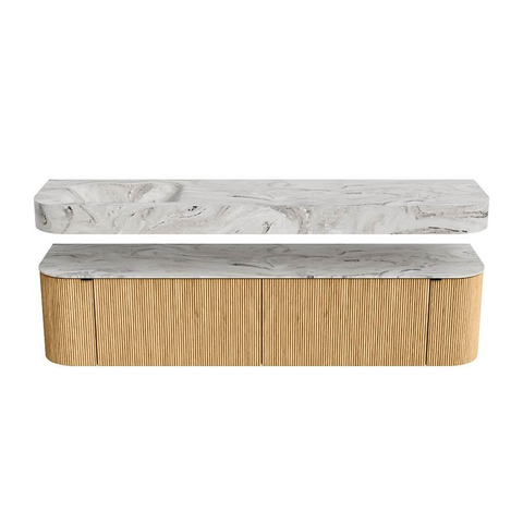 MONDIAZ THOR-DLUX Meuble de salle de bains 190cm arrondi gauche + droite couleur Oak avec 2 tiroirs et 2 portes. Vasque suspendue CLOUD Gauche sans trou de robinet couleur Glace. SW1466368