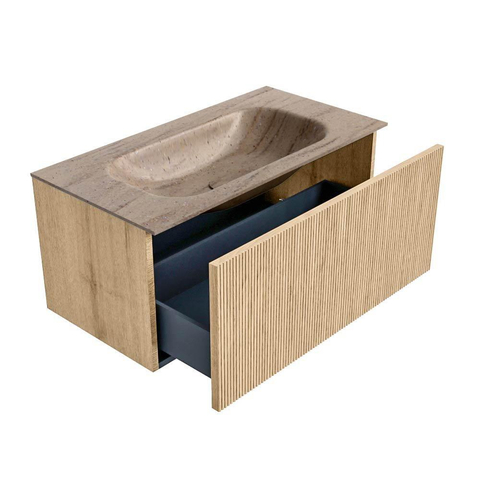 MONDIAZ KURVE-DLUX Meuble de salle de bains 90cm couleur Oak avec 1 tiroir et 0 porte. Lavabo BIG SMALL Central sans trou de robinet Saba. SW1433067