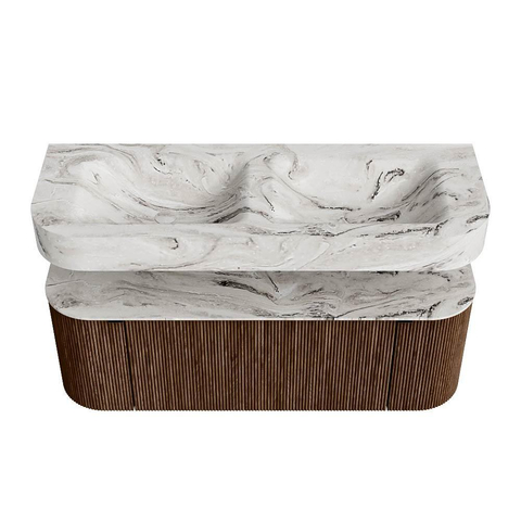 MONDIAZ THOR-DLUX 130cm meuble de salle de bains arrondi gauche + droite couleur Walnut avec 1 tiroir et 2 portes. Vasque suspendue CLOUD Double sans trou de robinet couleur Glace. SW1463593