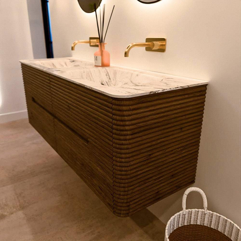 Mondiaz CIRO-DLUX Meuble de salle de bains set - 140x45x50cm - Vasque solid surface Glace - 2 bassins Double - sans perçage pour robinet - 4 tiroirs - Dusk SW1532985