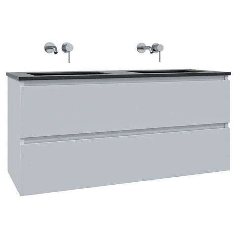 Saniclass Chaci Meuble de salle de bain - 120x46x55cm - lavabo en céramique noir - 2 vasques - sans trous de robinet - 2 tiroirs - armoire miroir - blanc mat SW856587