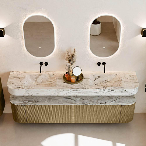 MONDIAZ THOR-DLUX Meuble de salle de bains - 200cm - arrondi gauche + droite - couleur Dusk - 2 tiroirs - 2 portes - Vasque suspendue CLOUD Double sans trou de robinet - couleur Glace SW1466833