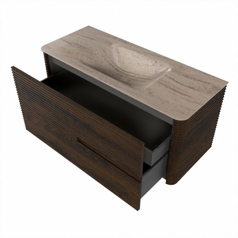 Mondiaz CIRO-DLUX Meuble de salle de bains - 110x45x50cm - Plan-vasque Solid Surface Saba - 1 lavabo au milieu - 1 trou de robinetterie - 2 tiroirs - Noyer SW1530663