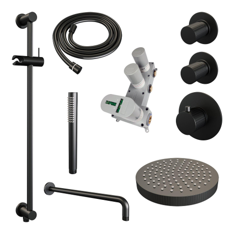 BRAUER Stripe Thermostatische Inbouw Regendouche - SET 08 - 25cm douchekop - gebogen muurarm - staaf handdouche - doucheslang - geïntegreerde glijstang - mat zwart SW1435140