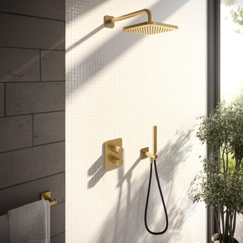 Hotbath Gal IBS40A Ensemble de douche - encastré - tête de douche carrée 20 cm - bras mural 35 cm - douchette à main stick - laiton brossé PVD SW656103
