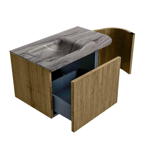 MONDIAZ KURVE-DLUX 75cm badmeubel ronding Rechts kleur Dusk met 1 lade en 1 deur. Wastafel GRUNNE Links 1 kraangat Sombra. SW1434011