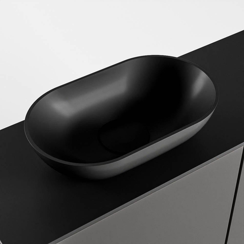 Mondiaz Fowy Meuble de toilette - 80x50x23cm - gris foncé mat - 1 trou de robinet - lavabo à gauche - 2 portes - solid surface - plan MDF - lavabo : noir SW761110