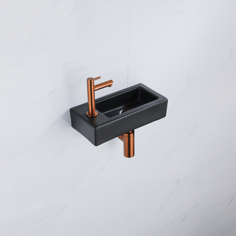 QeramiQ Fuente pack lave-mains – 37,5 x 18,5 x 9 cm – céramique noir mat – perçage à gauche – robinet cuivre brossé SW1232772