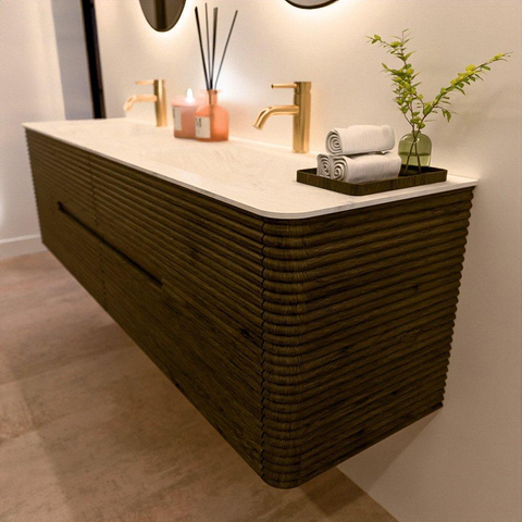 Mondiaz CIRO-DLUX Badkamermeubelset - 180x45x50cm - Solid surface wastafel Opalo - 2 wasbak Dubbel - 2 kraangaten - 4 lades - Shadow SW1532442