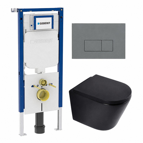 QeramiQ Dely Toiletset - 36.3x51.7cm - diepspoel - rimless - Geberit UP720 inbouwreservoir - softclose toilet zitting - 35mm - bedieningsplaat licht grijs - rechthoekige knoppen - mat zwart SW1427992