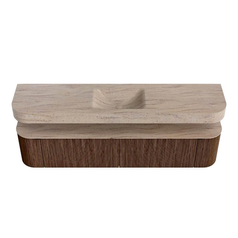 MONDIAZ THOR-DLUX Meuble de salle de bains - 200cm - arrondi gauche + droite - couleur Walnut - 2 tiroirs et 2 portes - Vasque suspendue CLOUD Milieu 1 trou de robinet couleur Saba SW1467219