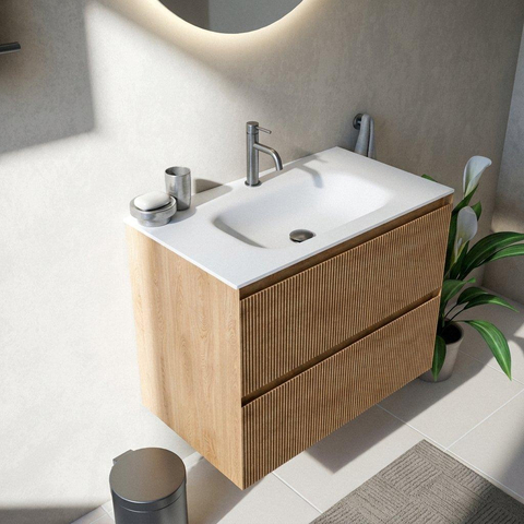 Saniclass Holz Atelier Badkamermeubelset - 80x45x61.5cm - Flow solid surface wastafel wit - 1 wasbak - 1 kraangat - 2 lades - mat eiken natural (hout) SW1478383
