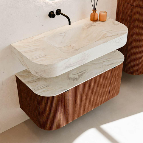MONDIAZ THOR-DLUX 100cm meuble de salle de bains arrondi gauche + droite couleur Ruby avec 1 tiroir et 2 portes. Vasque suspendue CLOUD Centre sans trou de robinet couleur Ostra. SW1467432