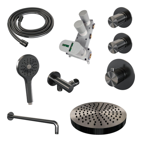 BRAUER Stripe Douche de pluie thermostatique encastrée - SET 05 - pomme de douche 25cm - bras mural courbé - douchette 3 positions - flexible de douche - coude mural - gunmetal brossé PVD SW1434995