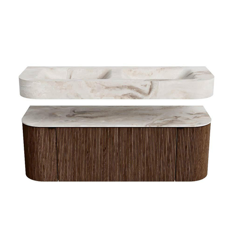MONDIAZ THOR-DLUX 130cm badmeubel ronding links + rechts kleur Walnut met 1 lade en 2 deuren. Vrijhangende wastafel CLOUD Dubbel 2 kraangaten kleur Frappe. SW1463606