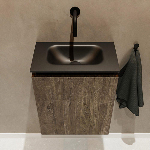 MONDIAZ TURE Fonteinset - 40x23x50cm - 0 kraangaten - 1 deur - dark brown mat - Wasbak midden - Solid Surface Zwart SW475517