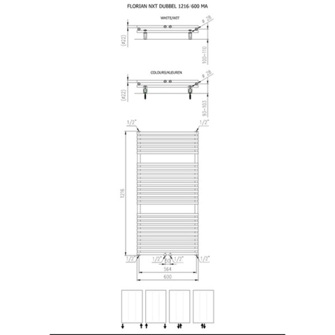 Plieger Florian Nxt M designradiator dubbel horizontaal met middenaansluiting 1216x600mm 980W wit 7255226