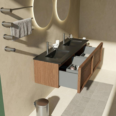 Saniclass Holz Frame Badkamermeubelset - 140x45x42cm - Vygo keramische wastafel zwart - 2 wasbakken - 2 kraangaten - 2 lades - mat walnut pure (hout) SW1479012