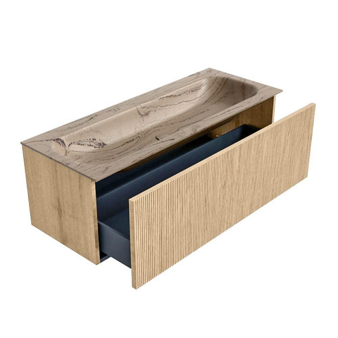 MONDIAZ KURVE-DLUX 120cm badmeubel kleur Oak met 1 lade en 0 deuren. Wastafel BIG LARGE Midden 2 kraangaten Arena. SW1431120