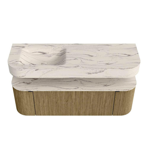 MONDIAZ THOR-DLUX 140cm meuble de salle de bains arrondi gauche + droite couleur Dusk avec 1 tiroir et 2 portes. Vasque suspendue CLOUD Gauche 1 trou de robinet couleur Nata. SW1464476