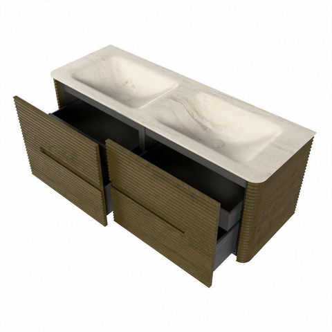 Mondiaz CIRO-DLUX Badkamermeubelset - 130x45x50cm - Solid surface wastafel Meli - 2 wasbak Dubbel - 2 kraangaten - 4 lades - Dusk SW1533263