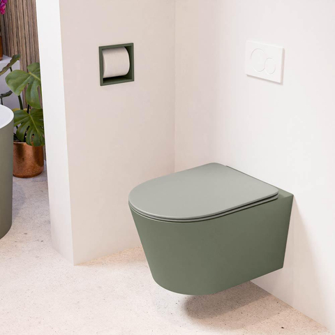 Mondiaz LAVIE hangtoilet – spoelrandloos – 36 x 53 cm – met softclose zitting – Army (groen), zitting Smoke (lichtbruin) SW1208725