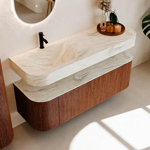 MONDIAZ THOR-DLUX 140cm meuble de salle de bains arrondi gauche + droite couleur Ruby avec 1 tiroir et 2 portes. Vasque suspendue CLOUD Gauche 1 trou de robinet couleur Ostra. SW1464156
