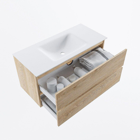 MONDIAZ VICA 100cm meuble sous lavabo Chêne blanchi 2 tiroirs. Lavabo CLOUD central sans trou de robinet, couleur Talc. SW1381949