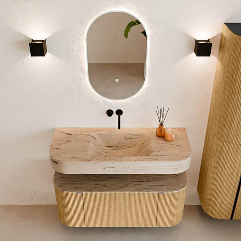 MONDIAZ THOR-DLUX Meuble de salle de bains - 110cm - arrondi gauche + droite - couleur Oak - 1 tiroir - 2 portes - Vasque suspendue CLOUD Milieu sans trou de robinet couleur Arena SW1462870