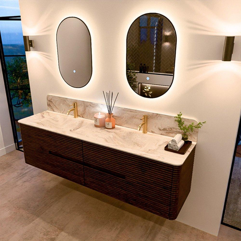 Mondiaz CIRO-DLUX Badkamermeubelset - 180x45x50cm - Solid surface wastafel Frappe - 2 wasbak Dubbel - 2 kraangaten - 4 lades - Walnut SW1530220