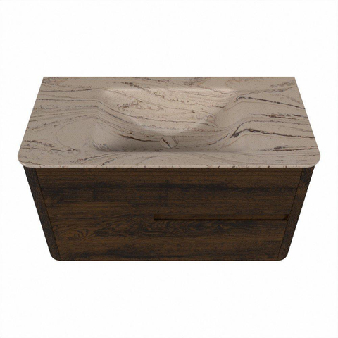 Mondiaz CIRO-DLUX Ensemble de meubles de salle de bains - 90x45x50cm - plan-vasque solid surface Arena - 1 lavabo au milieu - 1 trou de robinet - 2 tiroirs - Noyer SW1530411