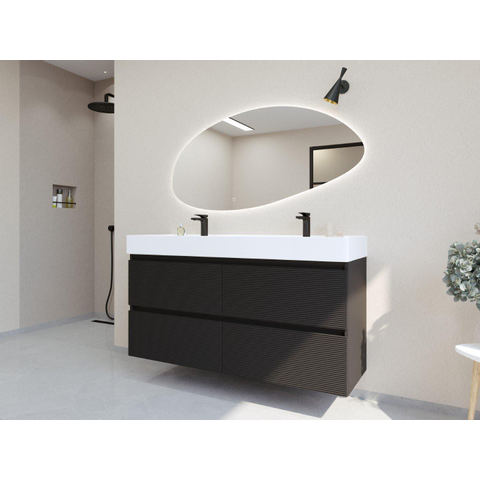 H&R Badmeubelen Infinity XXL 3D Badkamermeubelset - 140 cm - 2 keramische wasbakken kube wit - 2 kraangaten - 4 lades - mat zwart SW863523