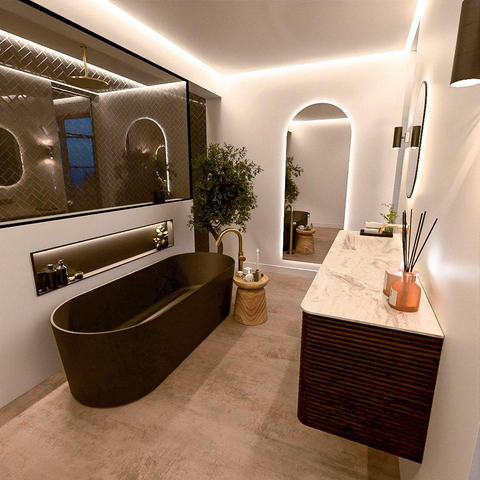 Mondiaz CIRO-DLUX Ensemble meuble de salle de bains - 170x45x50cm - lavabo solid surface Frappe - 1 bassin à gauche - sans trous de robinet - 4 tiroirs - Noyer SW1530255