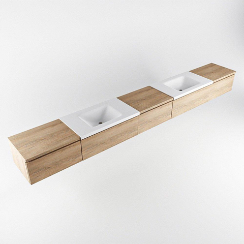MONDIAZ BUKLA meuble de salle de bain 340cm avec module 60 couleur Chêne blanchi avec 5 tiroirs. Lavabo CLOUD double 0 trou de robinet couleur Talc. SW1382344