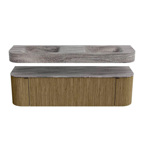 MONDIAZ THOR-DLUX 160cm meuble de salle de bains arrondi gauche + droite couleur Dusk avec 1 tiroir et 2 portes. Vasque suspendue CLOUD Double sans trou de robinet couleur Oza. SW1465312