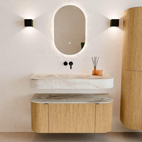 MONDIAZ THOR-DLUX 110cm meuble de salle de bains arrondi gauche + droite couleur Oak avec 1 tiroir et 2 portes. Vasque suspendue CLOUD Milieu sans trou de robinet couleur Frappe. SW1462742