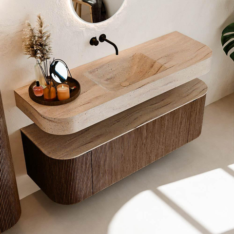 MONDIAZ THOR-DLUX 140cm badmeubel ronding links + rechts kleur Walnut met 1 lade en 2 deuren. Vrijhangende wastafel CLOUD Midden zonder kraangat kleur Saba. SW1464304