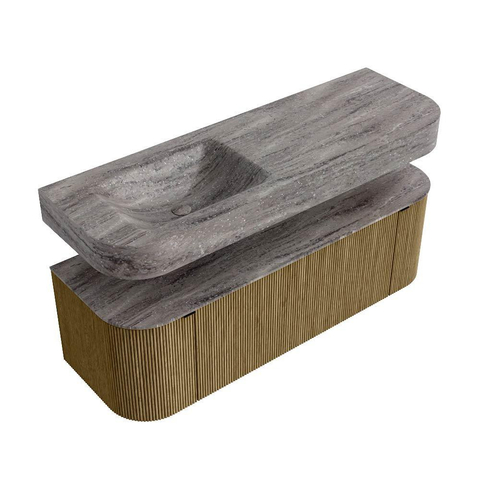 MONDIAZ THOR-DLUX 140cm meuble de salle de bains arrondi gauche + droite couleur Dusk avec 1 tiroir et 2 portes. Vasque suspendue CLOUD Gauche sans trou de robinet couleur Oza. SW1464286