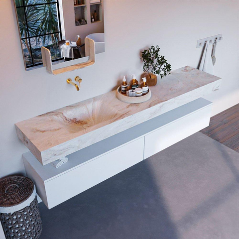 Mondiaz ALAN-DLUX Ensemble de meuble - 200cm - meuble Talc mat - 2 tiroirs - Lavabo Cloud Frappe suspendu - vasque Gauche - 0 trous de robinet SW805341