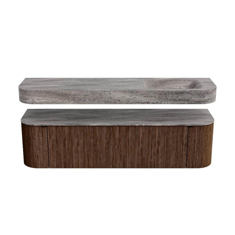 MONDIAZ THOR-DLUX 170cm meuble de salle de bains arrondi gauche + droite couleur Walnut avec 1 tiroir et 2 portes. Vasque suspendue CLOUD Droite 1 trou de robinet couleur Oza. SW1465676