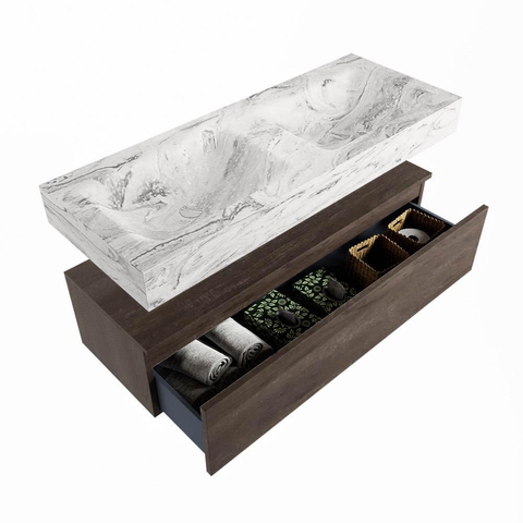 Mondiaz ALAN-DLUX Ensemble de meubles de salle de bains - 110x46cm - 1 tiroir - lavabo suspendu - 2 trous de robinet - 1 double - Dark brown (chêne foncé) SW1407380