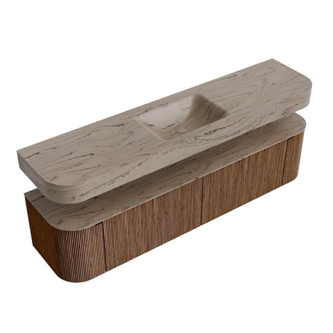 MONDIAZ THOR-DLUX 190cm meuble de salle de bains arrondi gauche + droite couleur Walnut avec 2 tiroirs et 2 portes. Vasque suspendue CLOUD Milieu sans trou de robinet couleur Arena. SW1467706