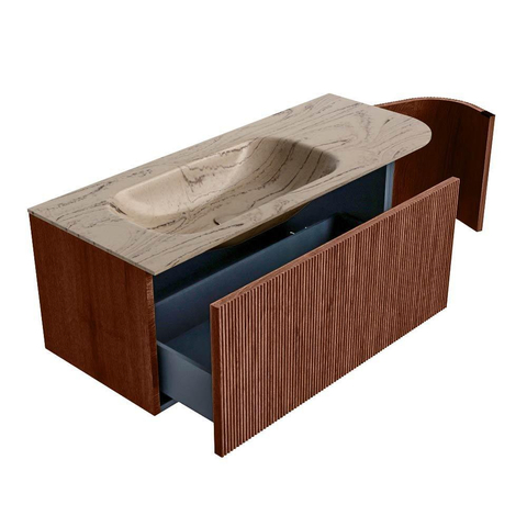 MONDIAZ KURVE-DLUX Meuble de salle de bains 115cm avec arrondi à droite couleur Ruby avec 1 tiroir et 1 porte. Lavabo BIG SMALL à gauche sans trou de robinet Arena. SW1431492